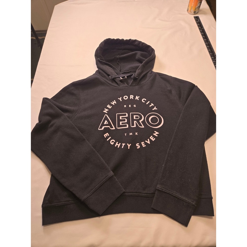 Aeropostale Hoodie Women L Black Excellent NYC Aero Eighty Seven Graphic